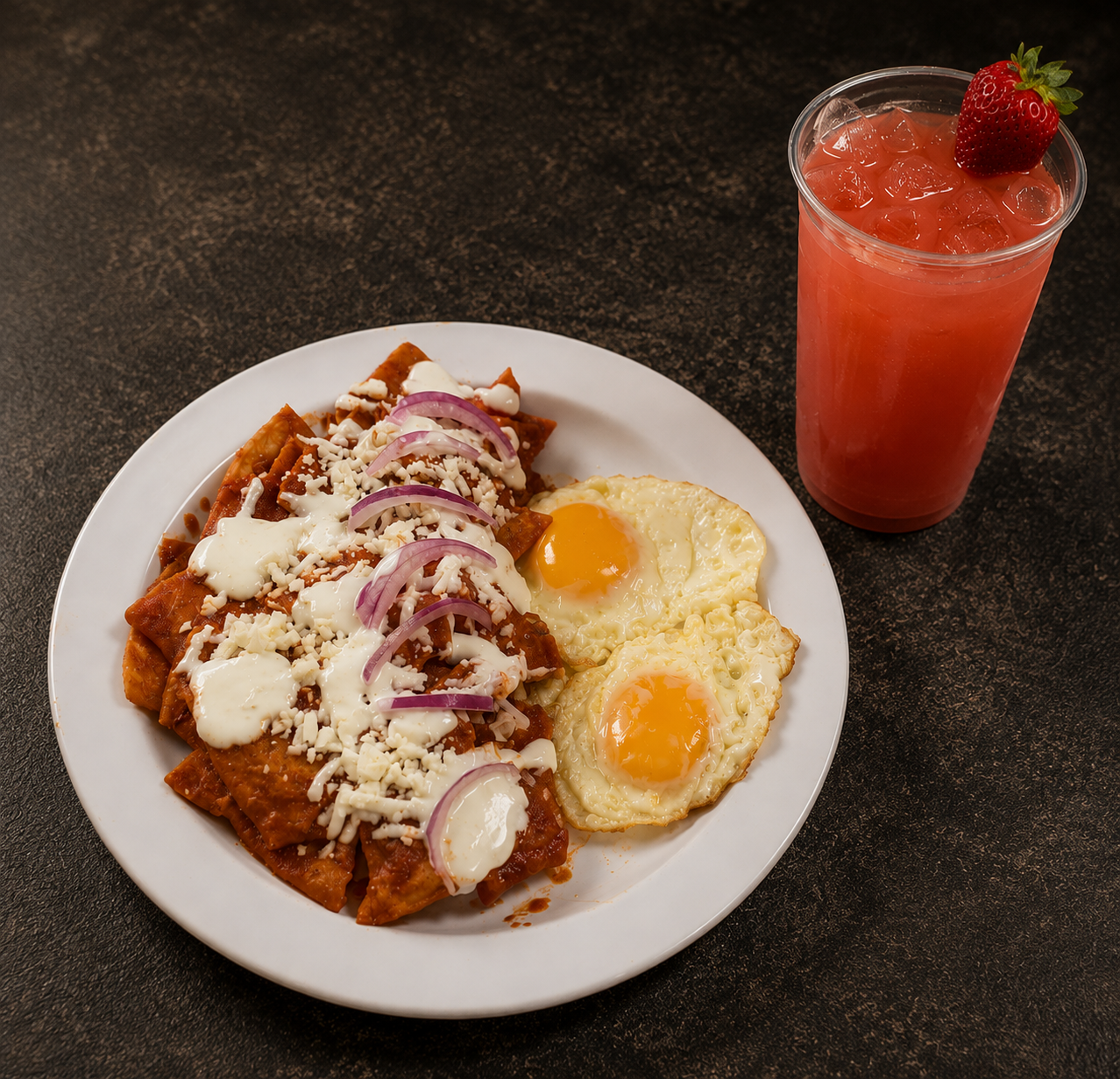 Red Chilaquiles with 2 Ranchero Eggs
